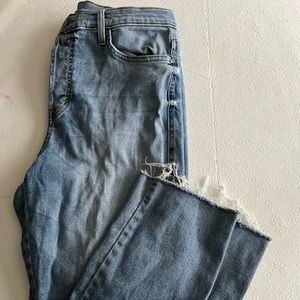 ana high rise straight with frayed bottoms and slight fading in knees